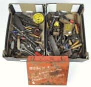 Two boxes of vintage tools and a vintage Bosch tin
