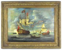 20th century, English school, oil on board, warships in a sea battle