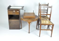 A group of furniture to include a chair with inlaid detailing to the back and cane seat