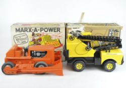 A Marx-a-power orange plastic Giant Bulldozer, and Tonka mobile crane