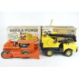 A Marx-a-power orange plastic Giant Bulldozer, and Tonka mobile crane