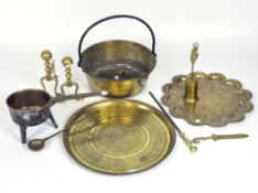 A collection of metalware, including: a 18th/19th century bronze tripod skillet,