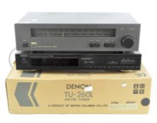 Two tuners, comprising: a Denon TU-260L and a NAD 4020A, the first with box,