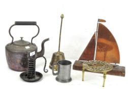 A Victorian copper kettle, together with other metal ware items