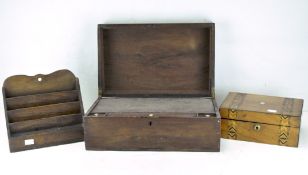 A Victorian mahogany writing box together with a Tunbridge ware sewing box and an oak letter rack