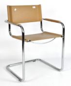 A contemporary chrome arm chair, with vinyl seat, back and arm rests,