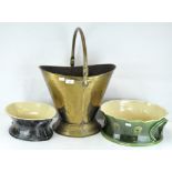 Two stoneware garden pots together with a brass bucket with a handle