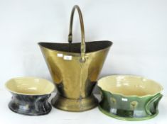 Two stoneware garden pots together with a brass bucket with a handle