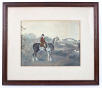 A 20th century coloured print of a man seated on a horse,