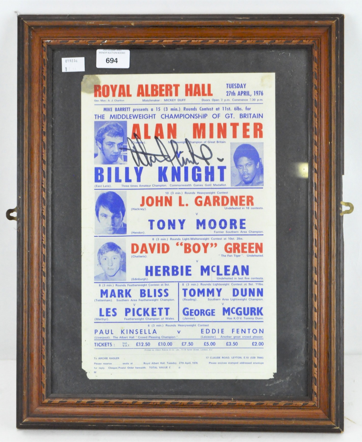 A Royal Albert Hall poster advertising boxing matches led by Alan Minter and Billy Knight from