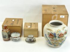 A selection of Japanese ceramics, including a Satsuma vase, egg shell porcelain cup and saucer,