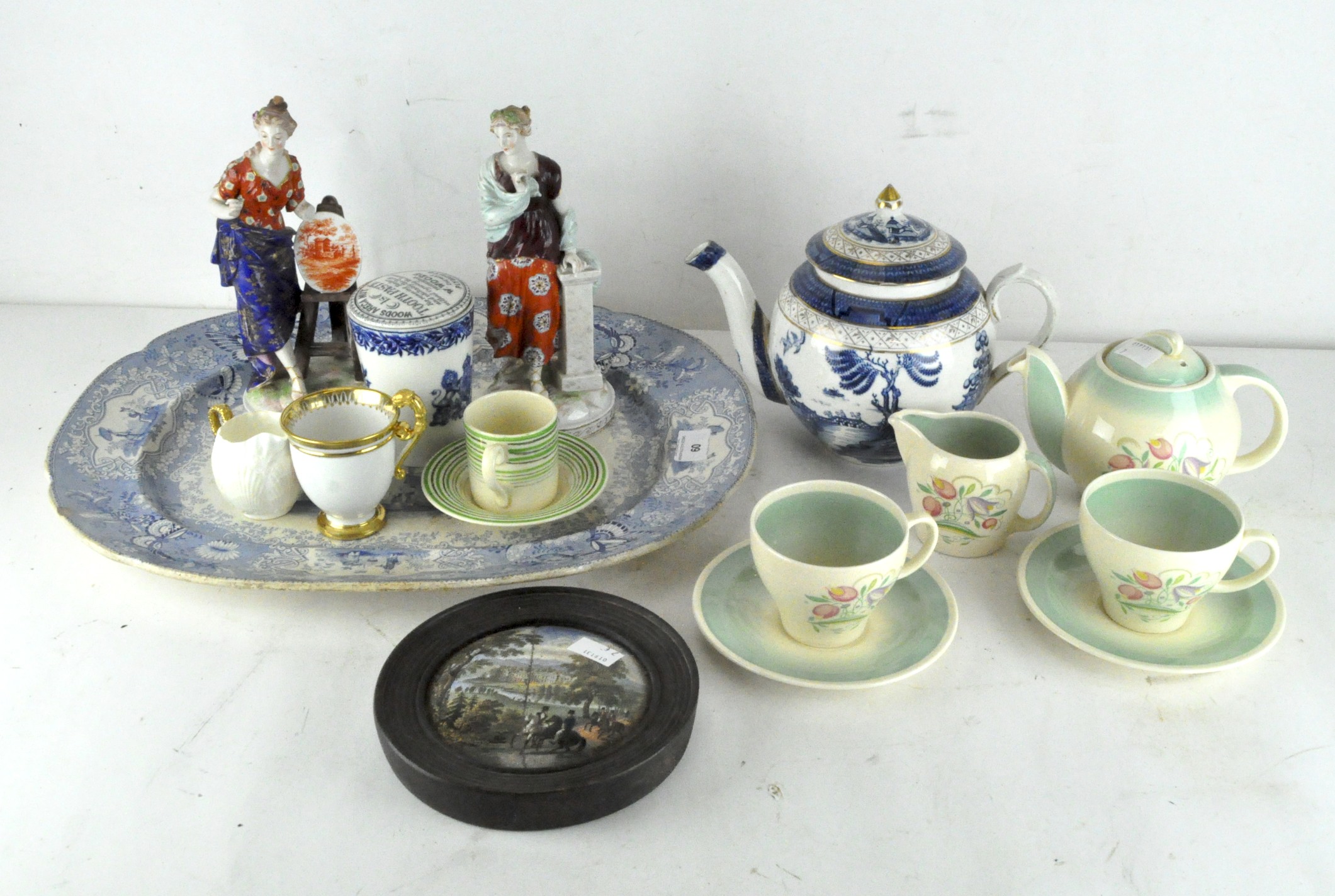 A selection of assorted ceramics, including a 19th century pot lid and small Susie Cooper tea set,