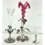 Three Art Noveau style glass epergnes, one an EPNS example with cranberry glass,