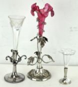 Three Art Noveau style glass epergnes, one an EPNS example with cranberry glass,