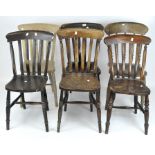 Six vintage kitchen chairs, assorted woods, all with spindle backs,