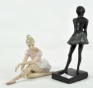 A bronze sculpture of a ballerina after Degas and a porcelain figure of a seated ballerina