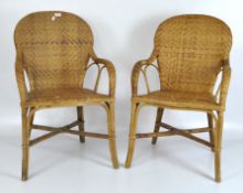 Two 20th century wicker chairs with parquetry like weave, on tapering supports,