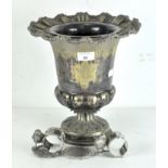 A silver plated wine cooler/bucket, raised upon pedestal base, with two silver plated napkin rings