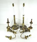 Two pairs of electrified candlesticks, the largest being brass with sconces