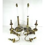 Two pairs of electrified candlesticks, the largest being brass with sconces