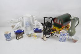 Assorted ceramics including a pair of Dalmation dogs, various jugs, and a boxed Sona metal tea set,