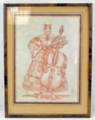 An ink on paper drawing of a cat playing a cello, signed J. Gibbez