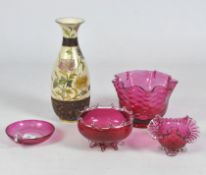 A Wedgwood ceramic vase together with four pieces of cranberry glass