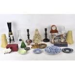 A selection of assorted wares, including a glass decanter and a pair of turned wooden candlesticks,