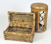 A vintage raffia storage box, with domed top, together with a bamboo stool