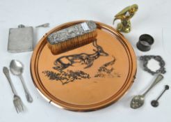 Assorted metal collectables, including a silver napkin ring, a pewter hip flask, some flatware,