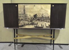 A Fornasetti style maple-lined sideboard with curved ribbed shutters to the sides,