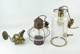 Two vintage glass ceiling lights, with metal frames and fittings,