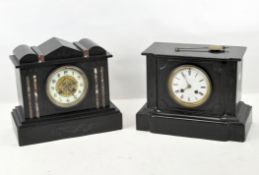 Two late 19th/early 20th century slate mantel clocks, one with marble inlay,
