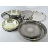 A quantity of silver plated and chrome trays, some with galleried borders,