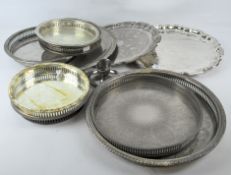 A quantity of silver plated and chrome trays, some with galleried borders,