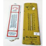 Two vintage enamel advertising wall thermometers