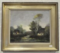An oil on canvas depicting cottages on the banks of a river with a village in the distance,