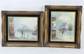 Two mid-century oil paintings on canvas of women walking in architectural settings,