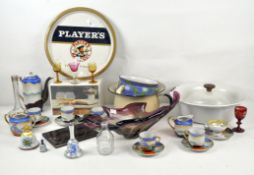 Assorted wares, including an enamel chamber pot, Players Navy Cut advertising drinks tray,