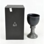A "Holy Grail" style goblet of blue glazed stoneware on a metal base, in original box, 18.