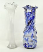 Two glass vases with fluted rims including an Italian example with a blue, white and red pattern,