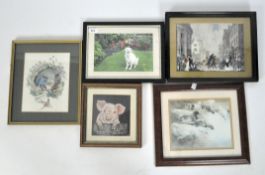 Five prints and pictures of animals, framed and glazed,