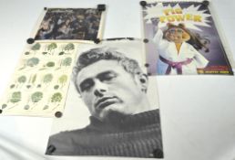 A group of posters, including of James Dean, Miss Piggy, a map of America,