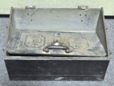 A Victorian cast iron revenue strong box with crown over R and arrow, with side handles,