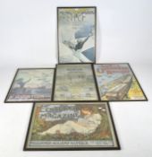 Five reproduction early 20th century design advertising posters, framed,
