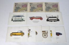A collection of early 20th century prints of vehicles, published by Hugh Evelyn,