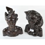 Two 20th century Asian carved hardwood busts, depicting a male and female,