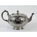 A Victorian silver plated teapot with hinged lid, moulded and engraved with flowers,