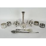 An assortment of silver, to include two Georgian silver open cauldron salts,