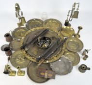 A large collection of metalware, to include a large charger with Egyptian motifs,